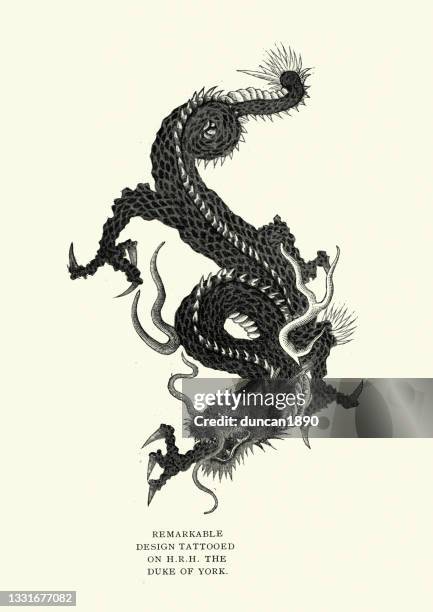 japanisches drachen-tattoo-design, 19. jahrhundert - chinesischer drache stock-grafiken, -clipart, -cartoons und -symbole