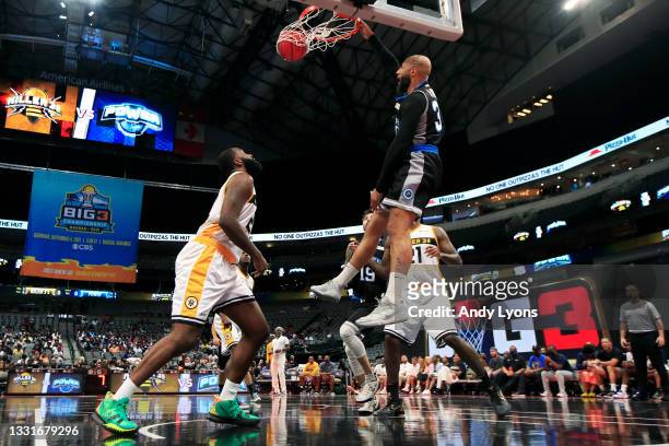 Royce White of the Power dunks the ball past Donte Greene of the Killer 3's during BIG3 - Week Four at the American Airlines Center on July 31, 2021...