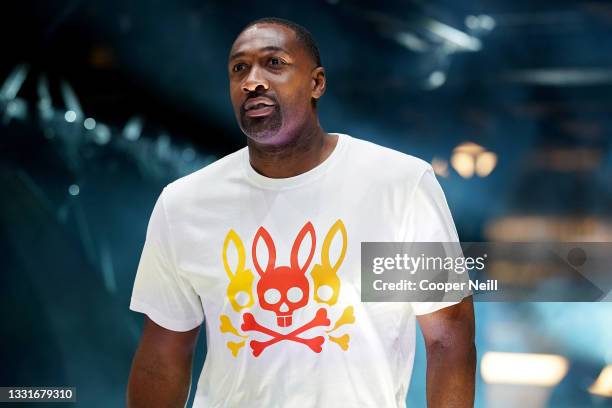 Coach Gilbert Arenas of the Enemies is introduced before the game against the Triplets during BIG3 - Week Four at the American Airlines Center on...