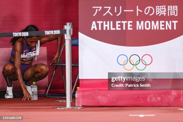 Ajee Wilson of Team United States reacts after competing the Women's 800m Semi-Final on day eight of the Tokyo 2020 Olympic Games at Olympic Stadium...