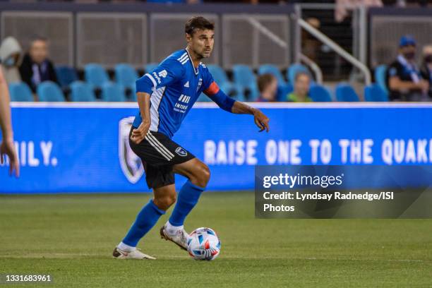 Chris Wondolowski of the San Jose Earthquakes looks up to pass the ball during a game between San Jose Earthquakes and Seattle Sounders FC at PayPal...