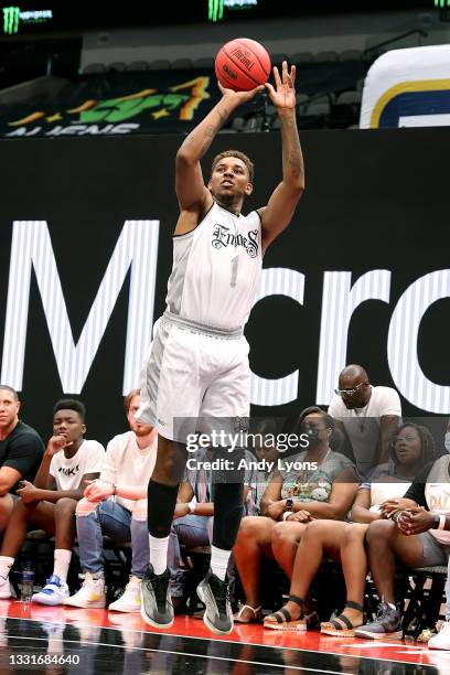 Nick Young of the Enemies attempts a shot during the game against the Triplets during BIG3 - Week Four at the American Airlines Center on July 31,...