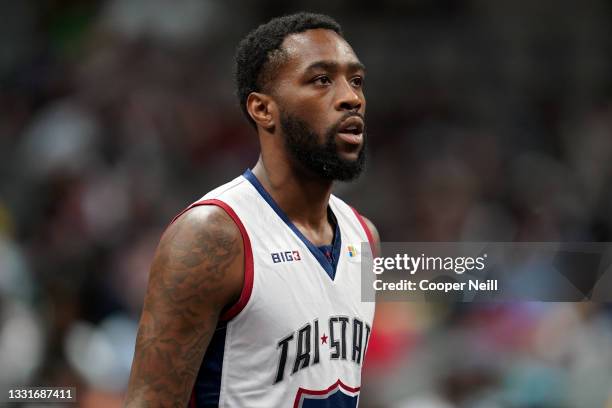 Tony Wroten of the Tri State looks on during the game against 3's Company during BIG3 - Week Four at the American Airlines Center on July 31, 2021 in...