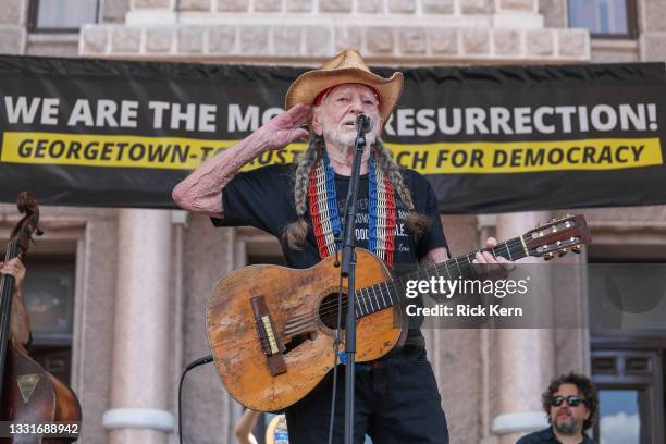 Willie Nelson performs during The Poor People’s Campaign: A National Call for Moral Revival on the steps of the Texas State Capitol on July 31, 2021...