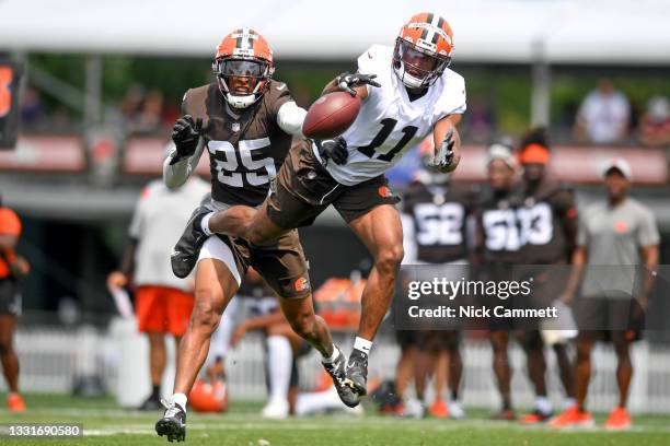 Cornerback Brian Allen of the Cleveland Browns breaks up a pass intended for wide receiver Donovan Peoples-Jones during Cleveland Browns Training...