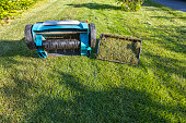 View of a summer lawn with an electric aerator with a basket of mown grass. Gardening machines concept. Sweden.