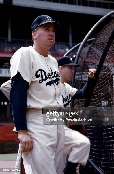 Duke Snider of the Brooklyn Dodgers stands next to the batting cage prior to an MLB game circa August, 1955 at Ebbets Field in Brooklyn, New York.