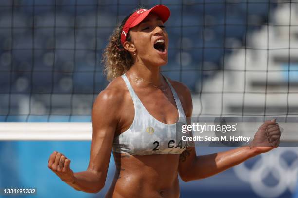 Brandie Wilkerson of Team Canada celebrates against Team United States during the Women's Round of 16 beach volleyball on day nine of the Tokyo 2020...