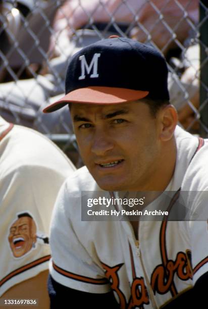 Eddie Mathews of the Milwaukee Braves sits on the bench during an MLB Spring Training game against the New York Yankees circa March, 1958 in...