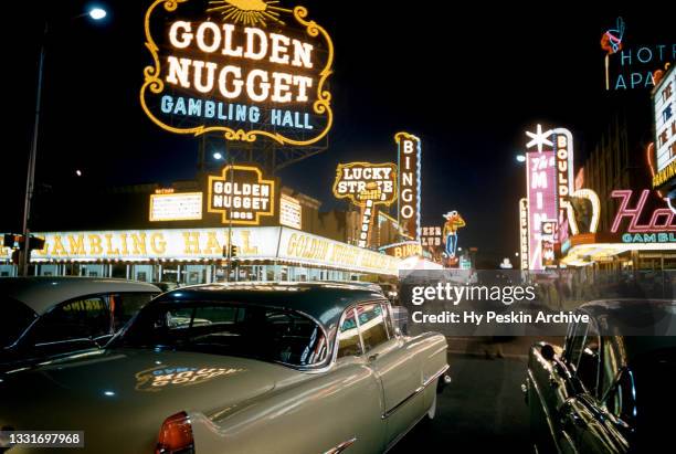 General view of Downtown Las Vegas from Fremont Street looking at the Golden Nugget Gambling Hall, The Mint, Pioneer Club, Lucky Strike, The Las...