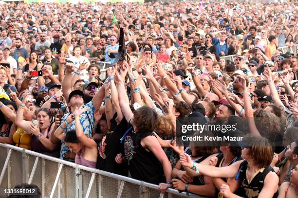 Crowd catches Wes Borland's guitar during Lollapalooza 2021 at Grant Park on July 31, 2021 in Chicago, Illinois.