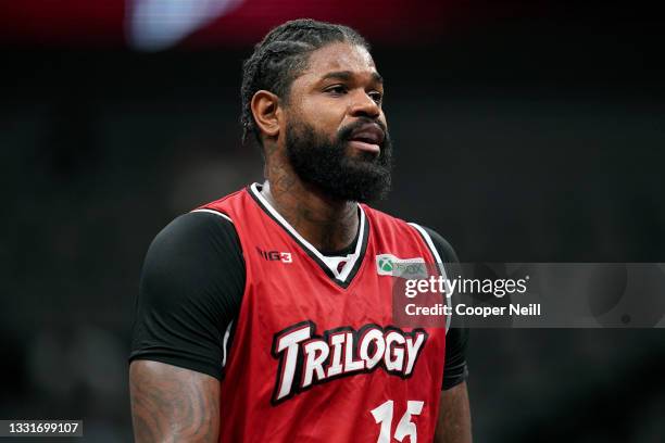 Amir Johnson of the Trilogy looks on during the game against the Aliens during BIG3 - Week Four at the American Airlines Center on July 31, 2021 in...