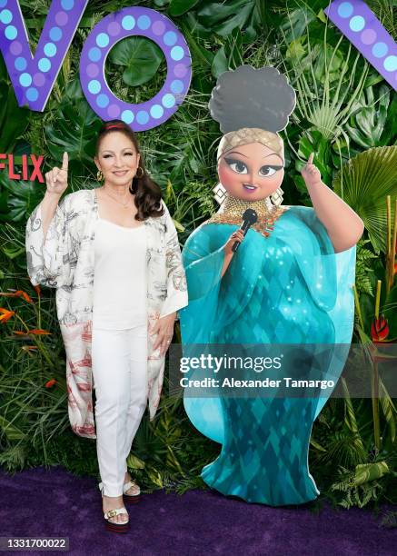 Gloria Estefan poses with her character Marta during The Vivo Experience at Nite Owl Drive-In on July 31, 2021 in Miami, Florida.