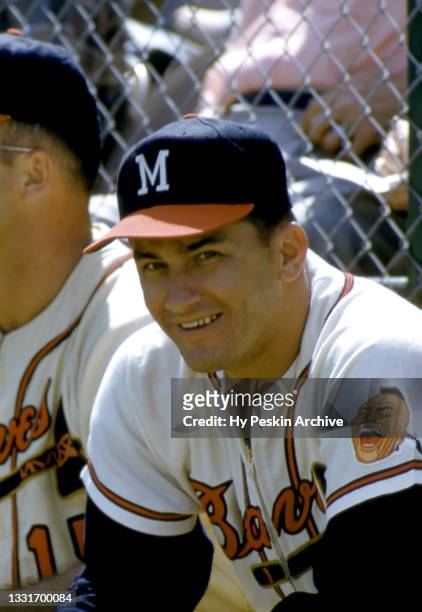 Eddie Mathews of the Milwaukee Braves sits on the bench during an MLB Spring Training game against the New York Yankees circa March, 1958 in...