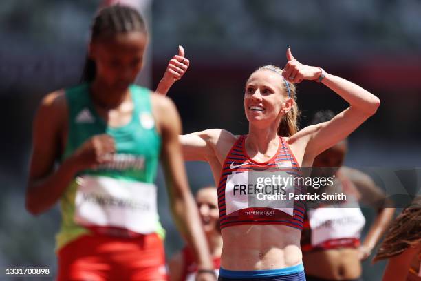 Courtney Frerichs of Team United States competes in round one of the Women's 3000m Steeplechase heats on day nine of the Tokyo 2020 Olympic Games at...