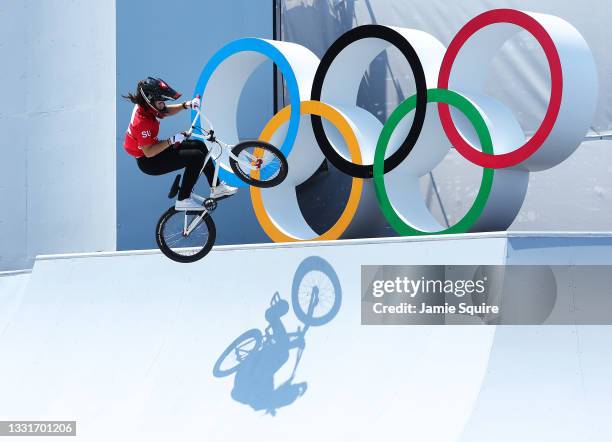Nikita Ducarroz of Team Switzerland competes in the during the Women's Park Final, run 1 of the BMX Freestyle on day nine of the Tokyo 2020 Olympic...