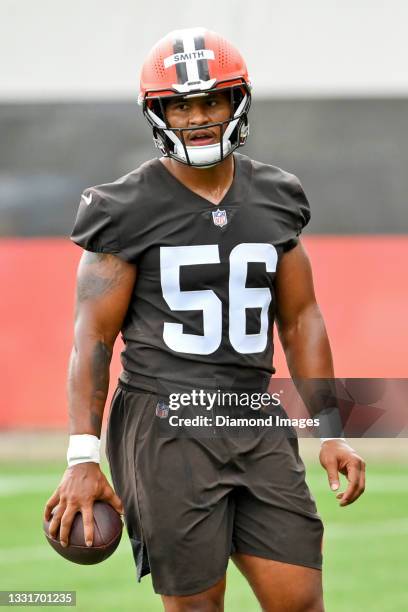 Outside linebacker Malcolm Smith of the Cleveland Browns looks on during the second day of Cleveland Browns Training Camp on July 29, 2021 in Berea,...