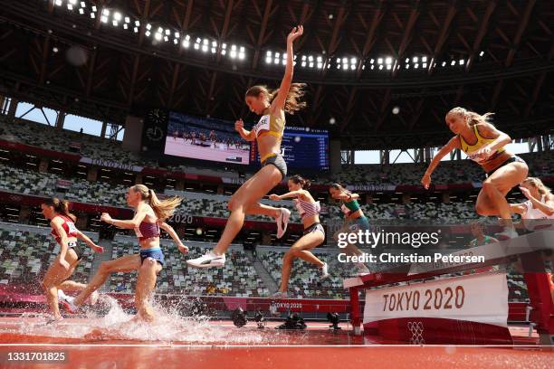 Runners compete in round one of the Women's 3000m Steeplechase heats on day nine of the Tokyo 2020 Olympic Games at Olympic Stadium on August 01,...