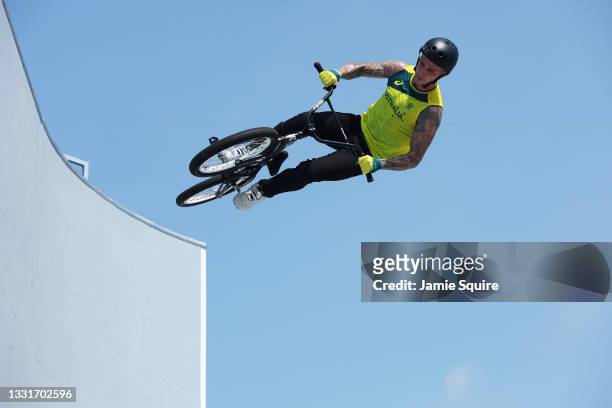Logan Martin of Team Australia practices prior to the Men's Park Final of the BMX Freestyle on day nine of the Tokyo 2020 Olympic Games at Ariake...