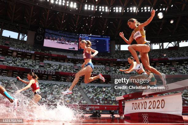 Gesa Felicitas Krause of Team Germany competes in round one of the Women's 3000m Steeplechase heats on day nine of the Tokyo 2020 Olympic Games at...