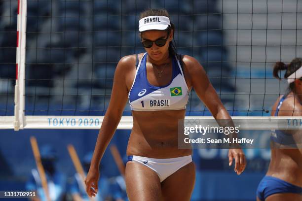 Ana Patricia Silva Ramos of Team Brazil reacts after the play against Team China during the Women's Round of 16 beach volleyball on day nine of the...