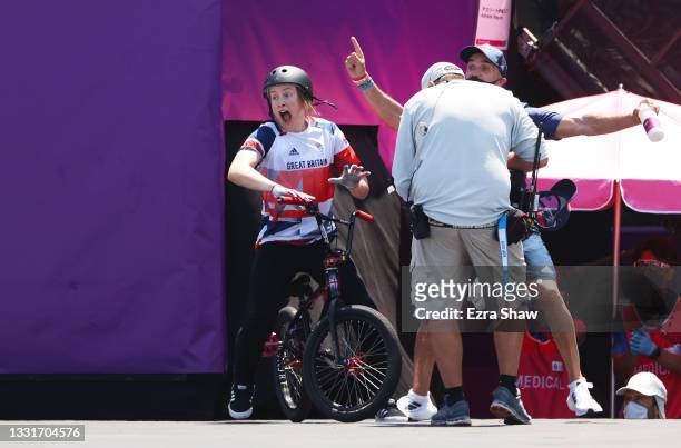 Charlotte Worthington of Team Great Britain reacts to his second run score during the Women's Park Final of the BMX Freestyle on day nine of the...