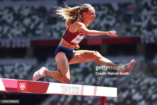 Courtney Frerichs of Team United States competes in round one of the Women's 3000m Steeplechase heats on day nine of the Tokyo 2020 Olympic Games at...