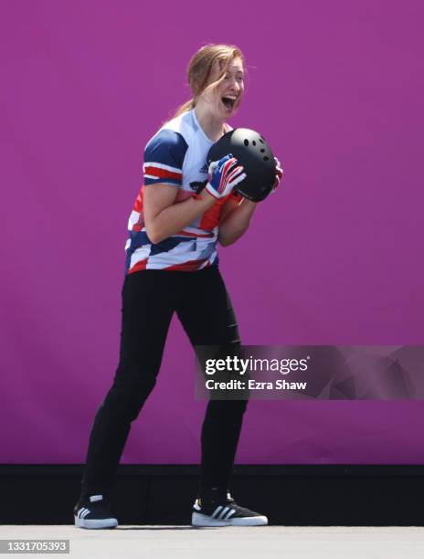 Charlotte Worthington of Team Great Britain reacts to his second run score during the Women's Park Final of the BMX Freestyle on day nine of the...