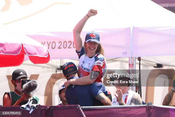 Charlotte Worthington of Team Great Britain reacts to winning gold during the Women's Park Final of the BMX Freestyle on day nine of the Tokyo 2020...