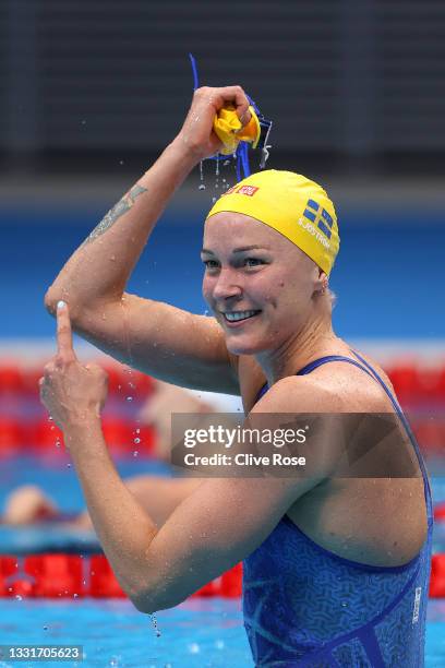 Sarah Sjoestroem of Team Sweden reacts after winning the silver medal in the Women’s 50m Freestyle Final on day nine of the Tokyo 2020 Olympic Games...