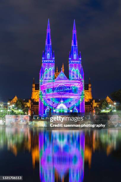 st mary's cathedral - vivid sydney stock pictures, royalty-free photos & images