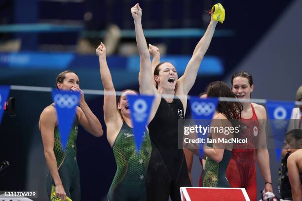 Cate Campbell celebrates after Australia win the Women's 4 x 100m Medley Relay on day nine of the Tokyo 2020 Olympic Games at Tokyo Aquatics Centre...