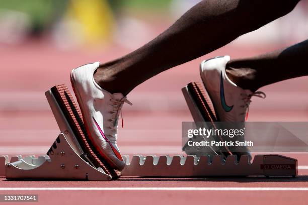 Detail view of a runner's shoes during round one of the Men's 400m heats on day nine of the Tokyo 2020 Olympic Games at Olympic Stadium on August 01,...