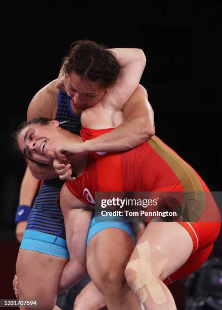 Natalia Vorobieva of Team ROC competes against Samar Amer Ibrahim Hamza of Team Egypt during the Women's Freestyle 76kg 1/8 Final on day nine of the...