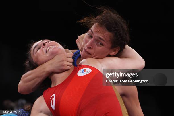 Natalia Vorobieva of Team ROC competes against Samar Amer Ibrahim Hamza of Team Egypt during the Women's Freestyle 76kg 1/8 Final on day nine of the...