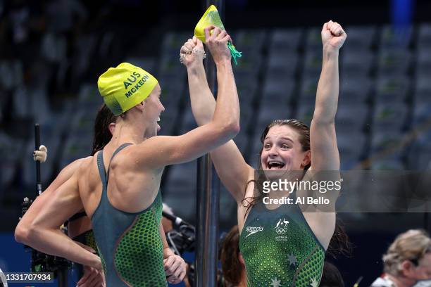 Emma McKeon and Chelsea Hodges of Team Australia react after winning the gold medal and breaking the olympic record for the Women's 4 x 100m Medley...