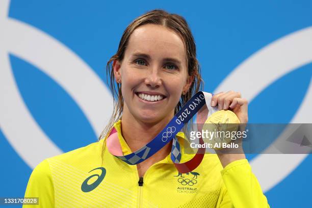 Gold medalist Emma McKeon of Team Australia poses during the medal ceremony for the Women's 50m Freestyle Final on day nine of the Tokyo 2020 Olympic...