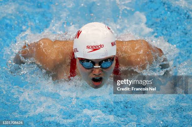 Margaret Macneil of Team Canada competes in Women's 4 x 100m Medley Relay Final on day nine of the Tokyo 2020 Olympic Games at Tokyo Aquatics Centre...