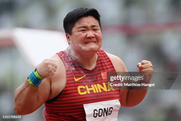 Lijiao Gong of Team China reacts while competing in the Women's Shot Put Final on day nine of the Tokyo 2020 Olympic Games at Olympic Stadium on...