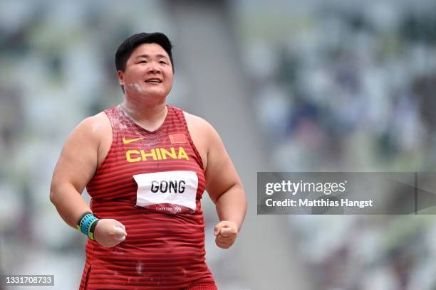 Lijiao Gong of Team China reacts while competing in the Women's Shot Put Final on day nine of the Tokyo 2020 Olympic Games at Olympic Stadium on...