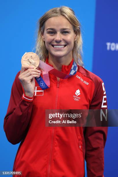 Bronze medalist Pernille Blume of Team Denmark poses during the medal ceremony for the Women's 50m Freestyle Final on day nine of the Tokyo 2020...