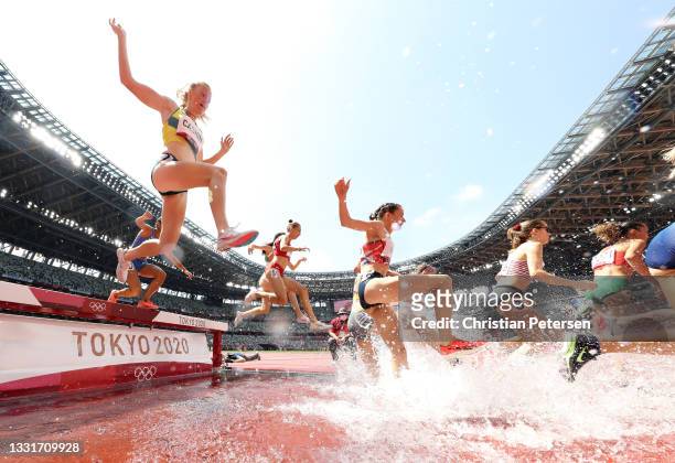 Amy Cashin of Team Australia competes in round one of the Women's 3000m Steeplechase heats on day nine of the Tokyo 2020 Olympic Games at Olympic...