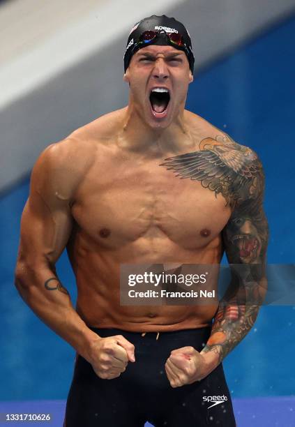 Caeleb Dressel of Team United States reacts after Men's 4 x 100m Medley Relay Final on day nine of the Tokyo 2020 Olympic Games at Tokyo Aquatics...