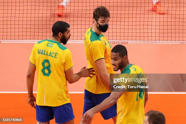 Lucas Saatkamp of Team Brazil gets set prior to the serve against Team France during the Men's Preliminary Round - Pool B volleyball on day nine of...