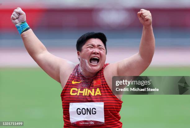 Lijiao Gong of Team China reacts after winning the gold medal in the Women's Shot Put Final on day nine of the Tokyo 2020 Olympic Games at Olympic...