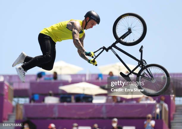 Logan Martin of Team Australia performs a trick during the Men's Park Final, run 2 of the BMX Freestyle on day nine of the Tokyo 2020 Olympic Games...