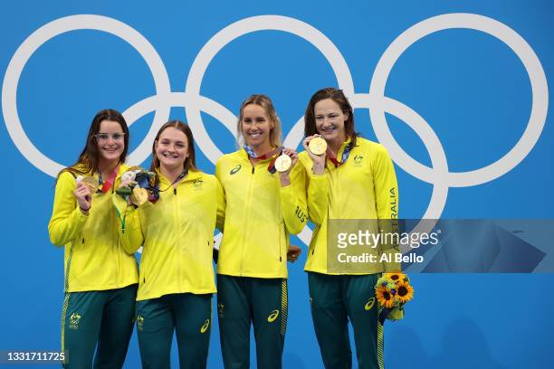 Gold medalist Kaylee McKeown, Chelsea Hodges Emma McKeon and Cate Campbell of Team Australia pose on the podium during the medal ceremony for the...