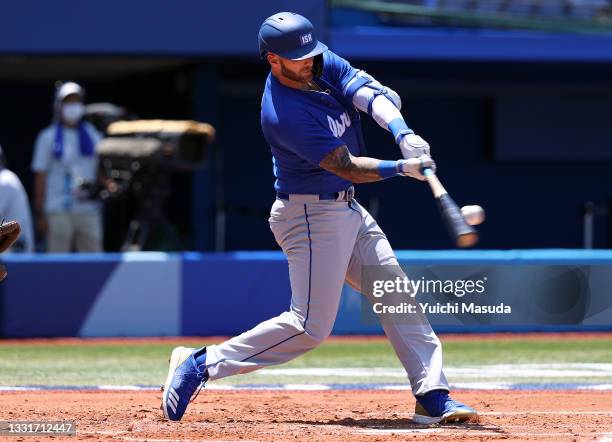 Nick Rickles of Team Israel hits an RBI single to left field against Team Mexico in the first inning during round one of baseball team competition on...