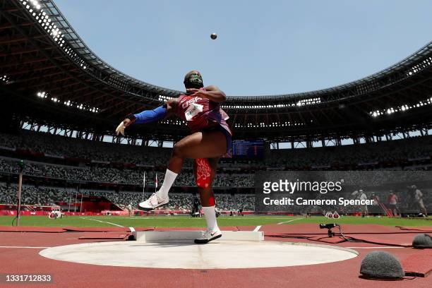 Raven Saunders of Team United States competes in the Women's Shot Put Final on day nine of the Tokyo 2020 Olympic Games at Olympic Stadium on August...