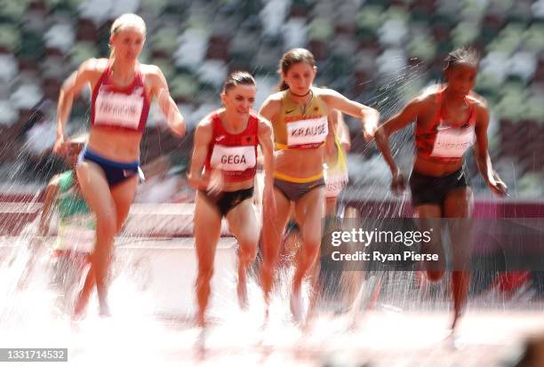 Luiza Gega of Team Albania and Gesa Felicitas Krause of Team Germany compete in round one of the Women's 3000m Steeplechase heats on day nine of the...
